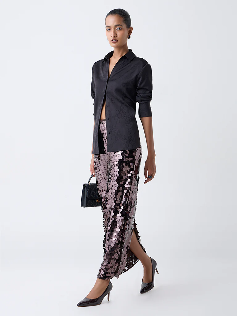 Wardrobe Black Floral Embroidered Shirt - Image 2