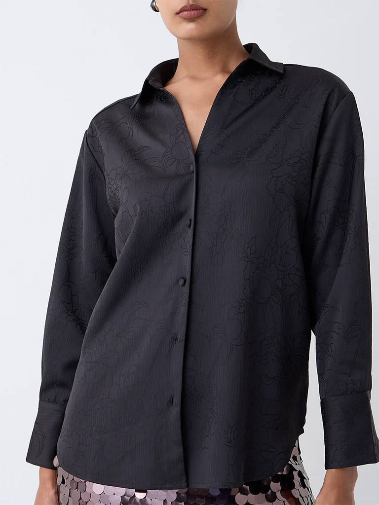 Wardrobe Black Floral Embroidered Shirt - Image 3