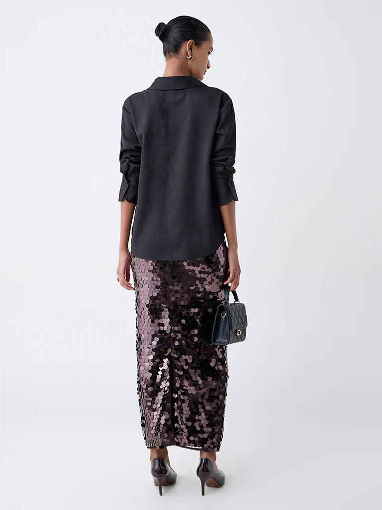 Wardrobe Black Floral Embroidered Shirt - Image 4