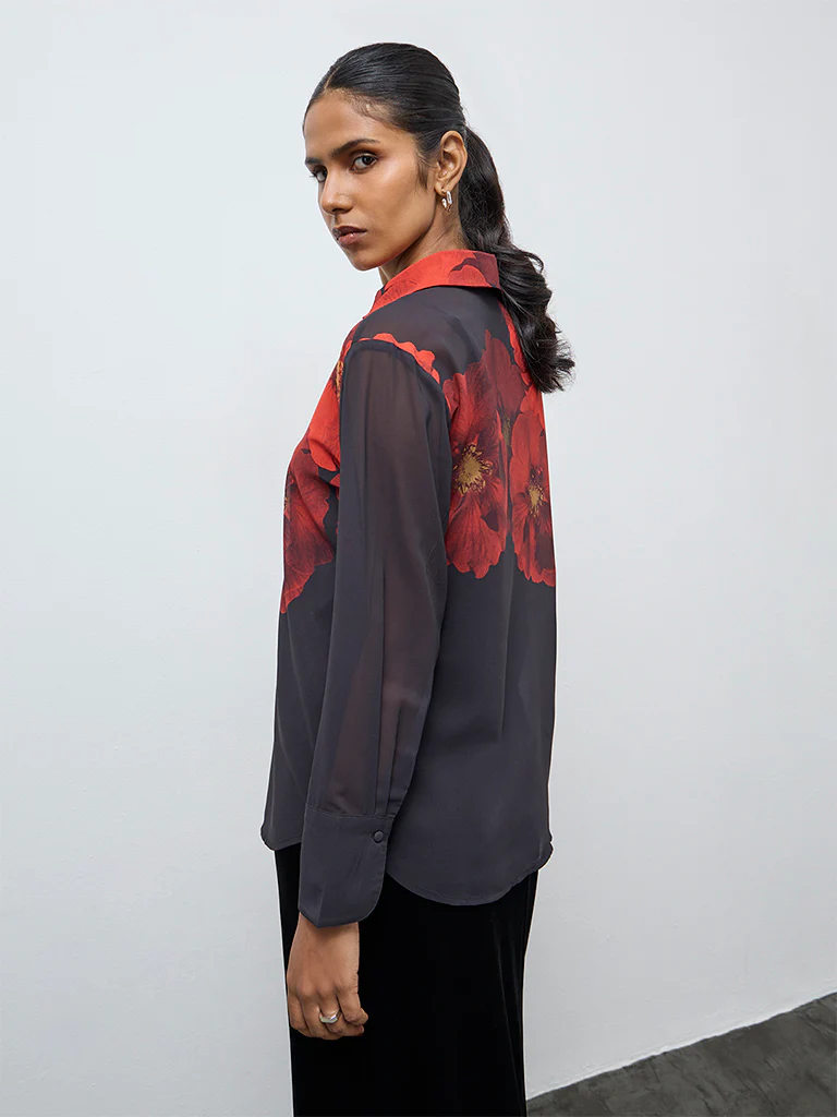 Wardrobe Black Floral Printed Shirt with Camisole - Image 4