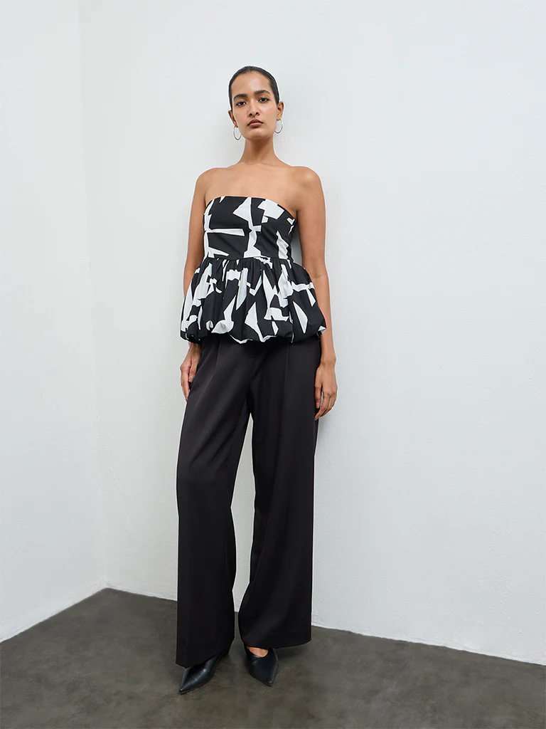 Wardrobe Black Printed Cotton Peplum Top