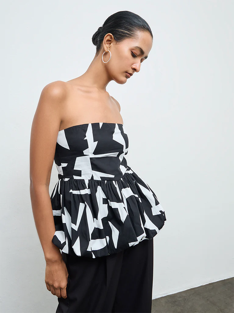 Wardrobe Black Printed Cotton Peplum Top - Image 2