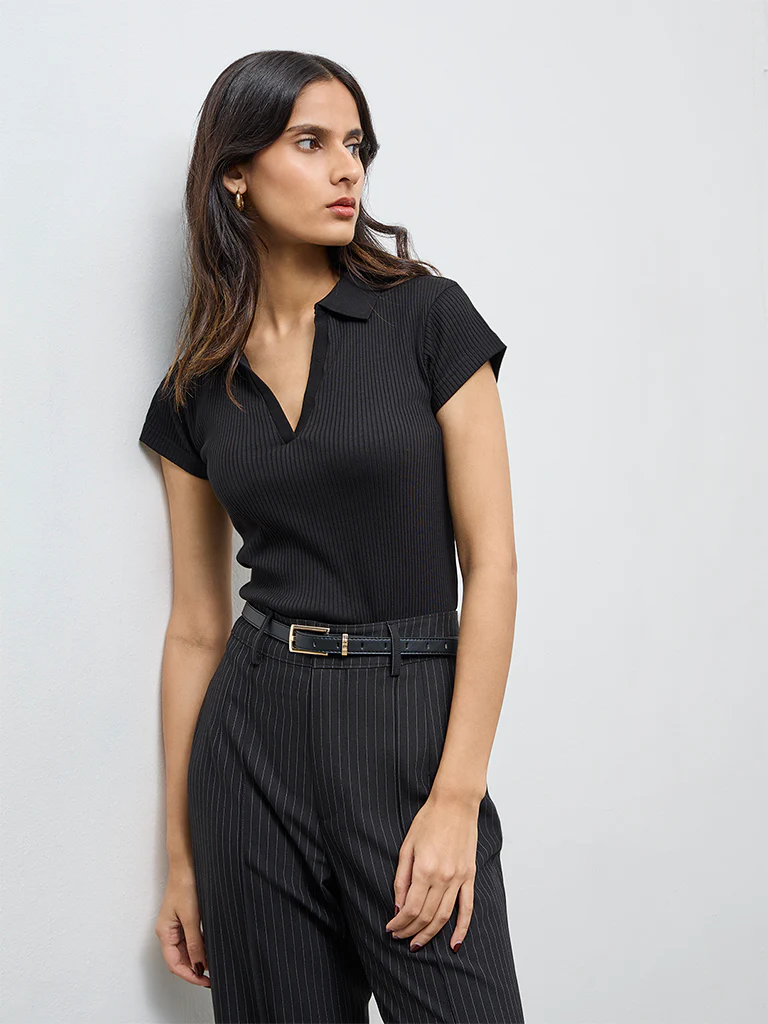 Wardrobe Black Ribbed Cotton-Blend T-Shirt - Image 2