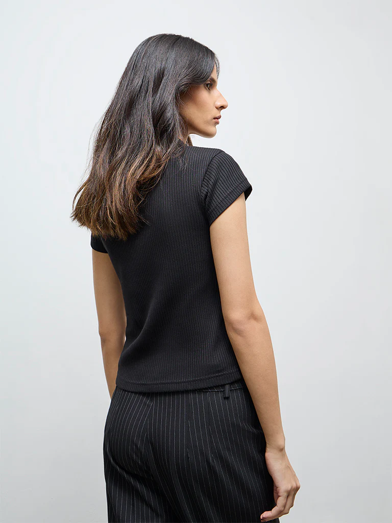 Wardrobe Black Ribbed Cotton-Blend T-Shirt - Image 4