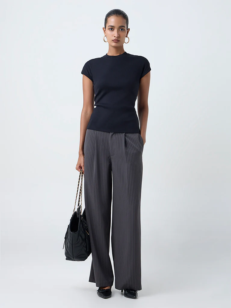 Wardrobe Black Ribbed-Textured Cotton-Blend Top - Image 2