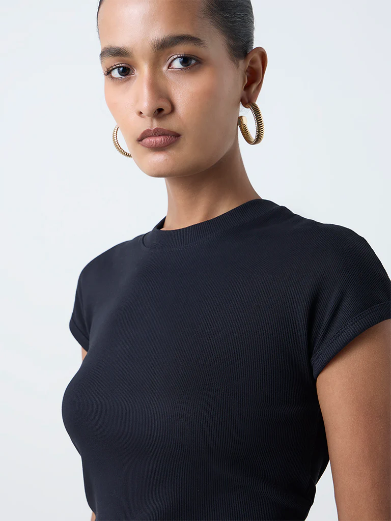 Wardrobe Black Ribbed-Textured Cotton-Blend Top - Image 3