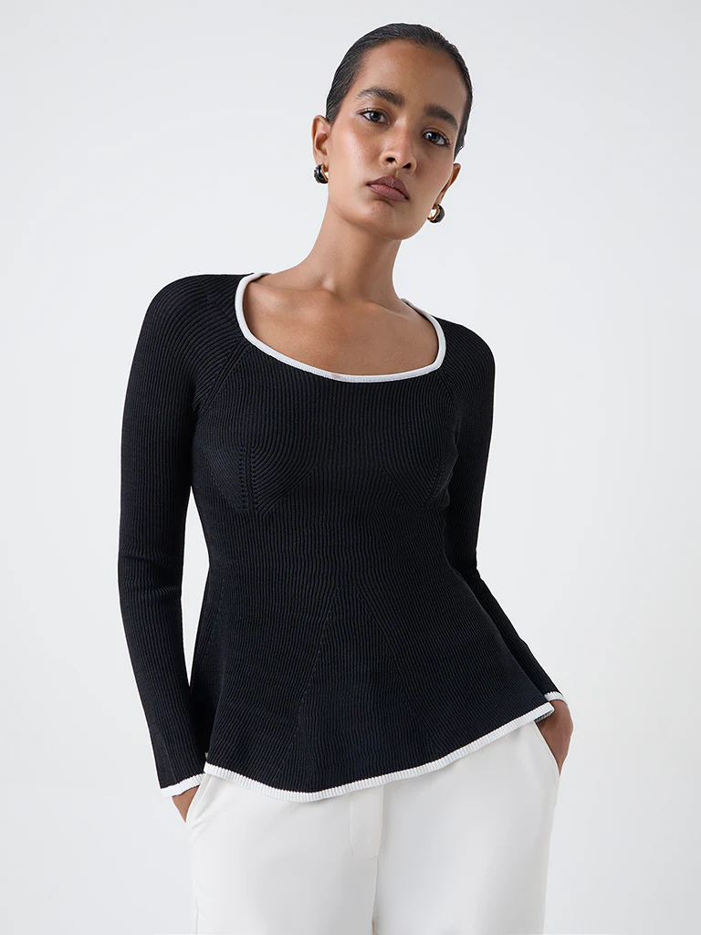 Wardrobe Black Ribbed-Textured Peplum Top - Image 2