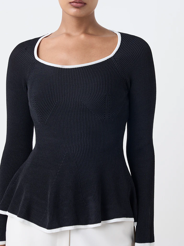 Wardrobe Black Ribbed-Textured Peplum Top - Image 3