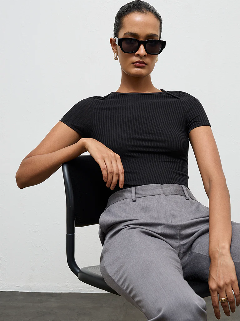 Wardrobe Black Ribbed-Textured Top - Image 2