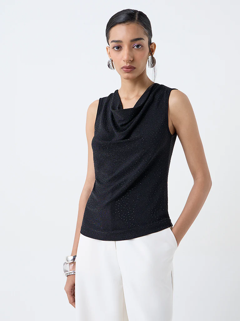 Wardrobe Black Shimmer Detailed Cowl-Neck Top