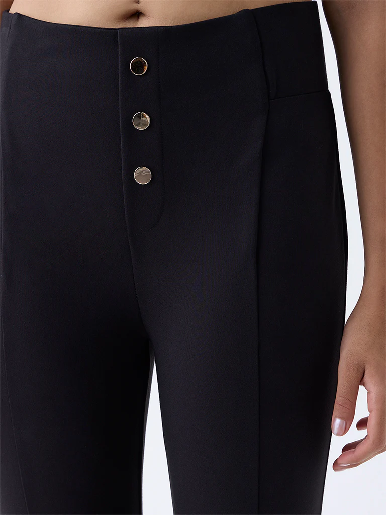 Wardrobe Black Solid Button-Detailed High-Rise Trousers - Image 3