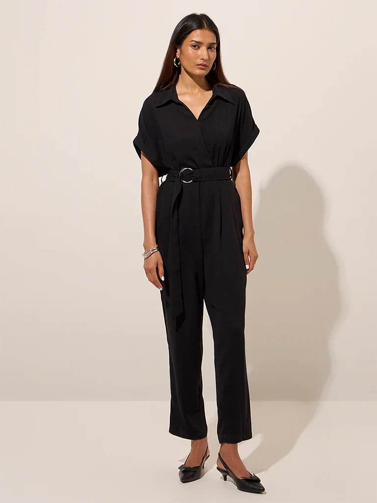 Wardrobe Black Solid Jumpsuit with Belt - Image 3