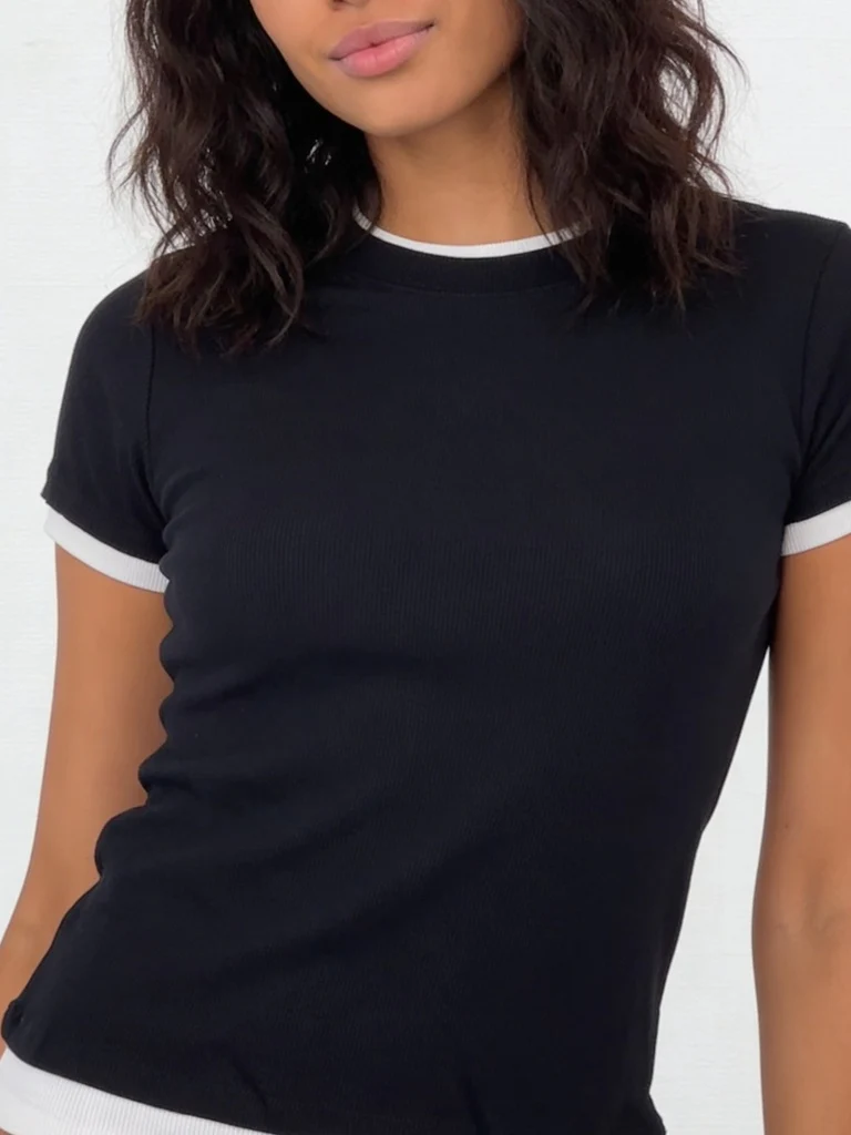 Wardrobe Black Stripe Ribbed Fitted Cotton-Blend T-Shirt - Image 2