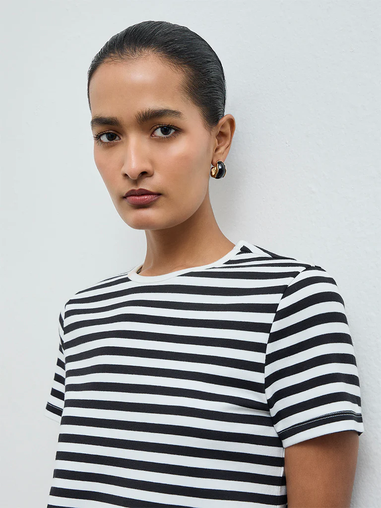 Wardrobe Black Striped Cotton-Blend T-Shirt - Image 3