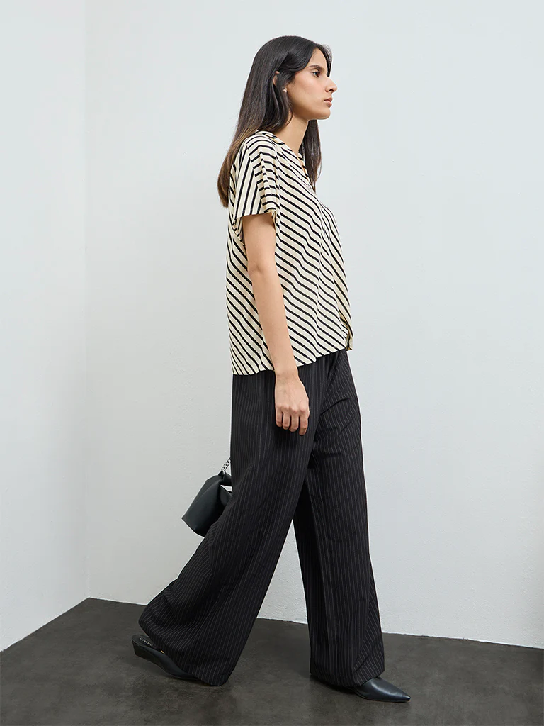 Wardrobe Black Striped High-Rise Cotton-Blend Pants
