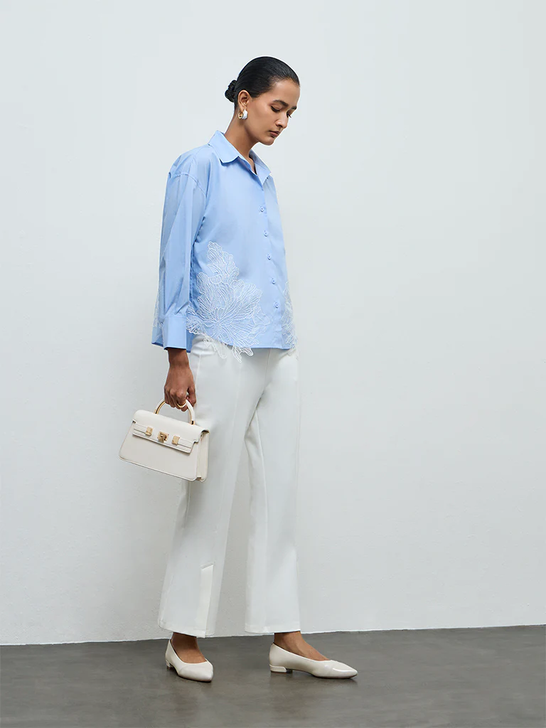 Wardrobe Blue Floral Embroidered Cotton Shirt - Image 2