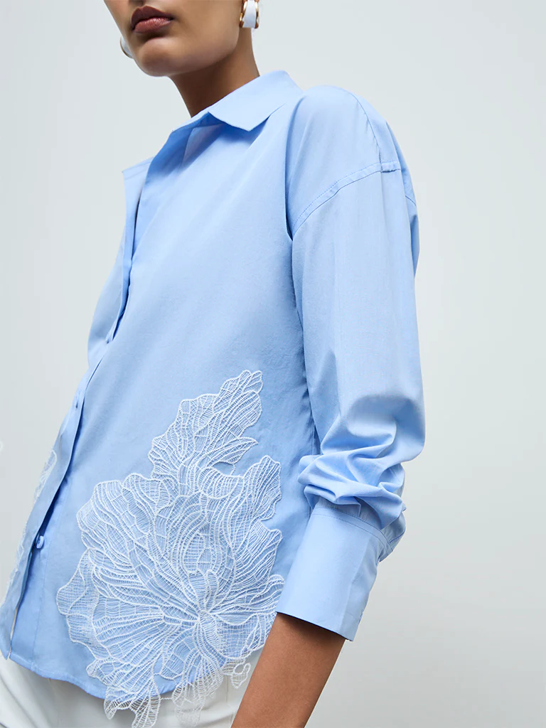 Wardrobe Blue Floral Embroidered Cotton Shirt - Image 3