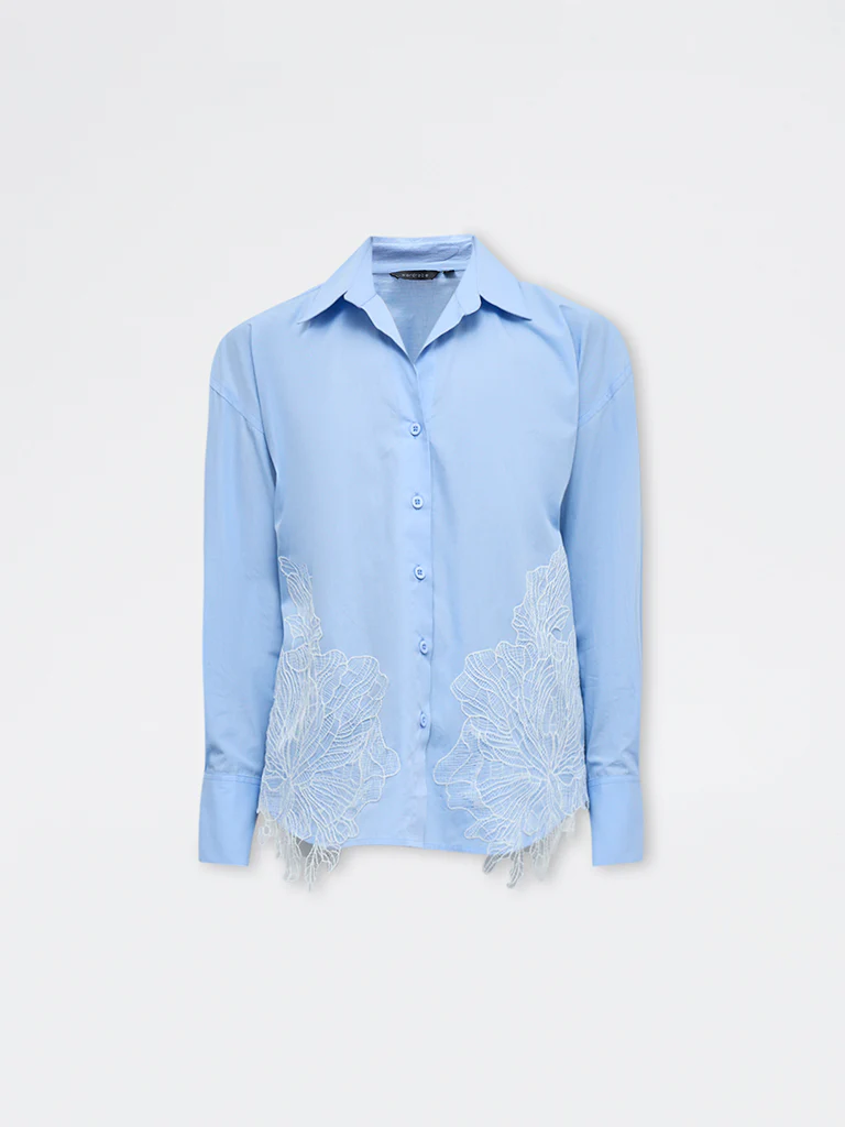 Wardrobe Blue Floral Embroidered Cotton Shirt - Image 5