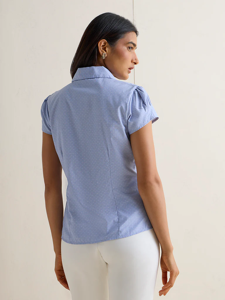 Wardrobe Blue Polka Dot Cotton-Blend Shirt - Image 4