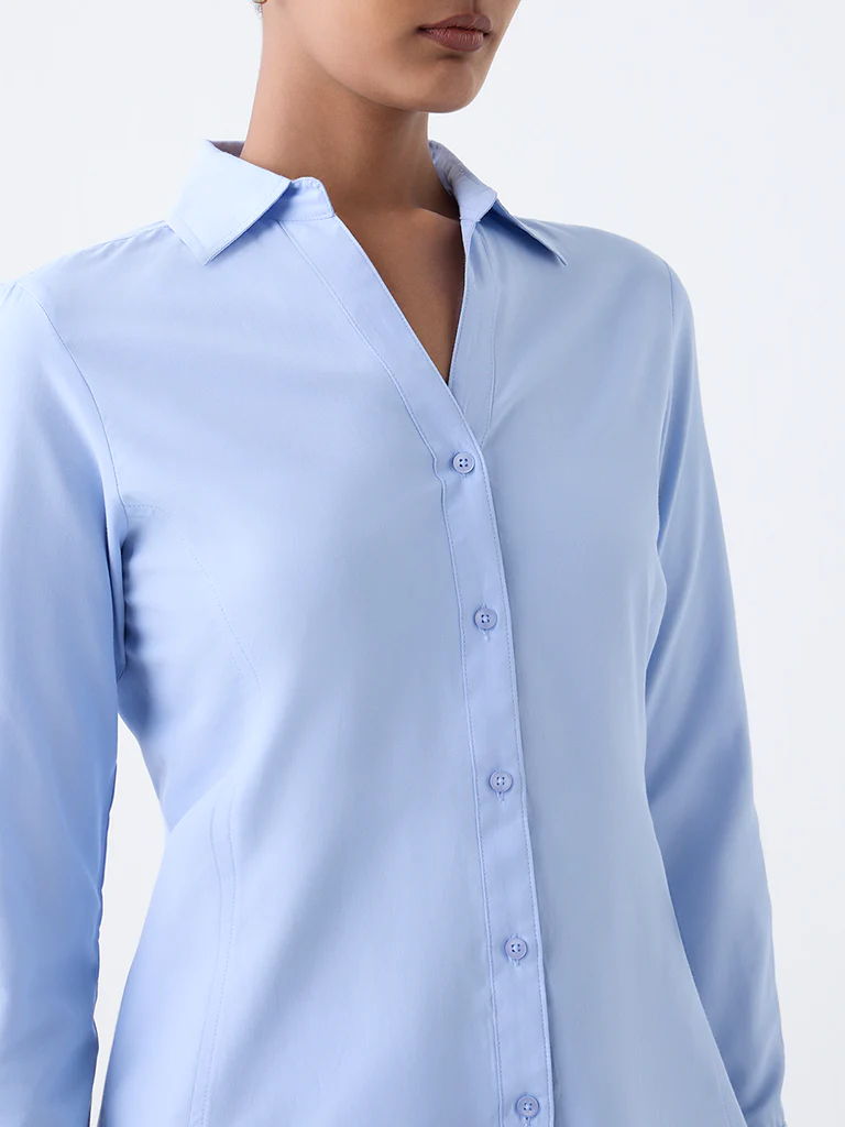 Wardrobe Blue Solid Cotton Shirt - Image 3