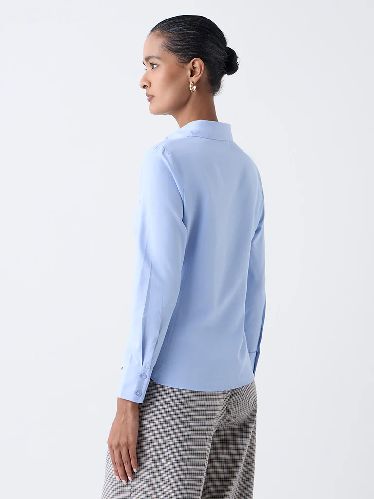 Wardrobe Blue Solid Cotton Shirt - Image 4