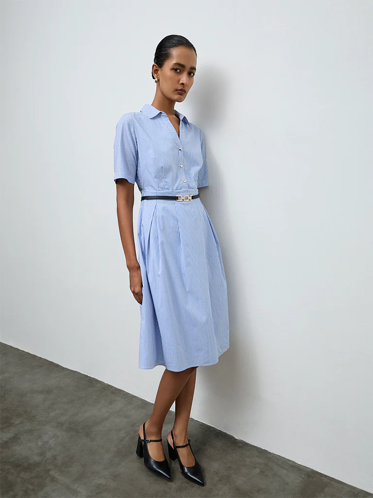 Wardrobe Blue Striped Cotton A-Line Dress with Belt