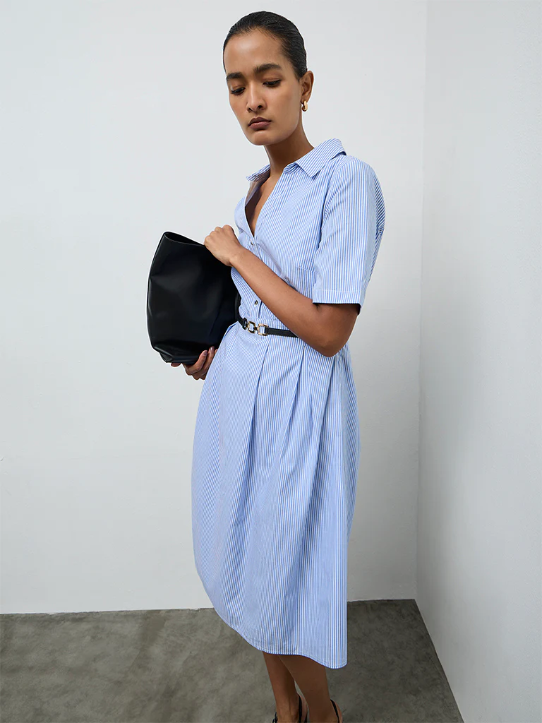 Wardrobe Blue Striped Cotton A-Line Dress with Belt - Image 2