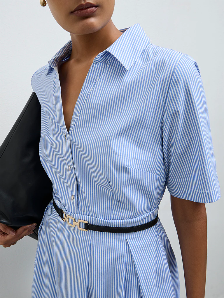 Wardrobe Blue Striped Cotton A-Line Dress with Belt - Image 3
