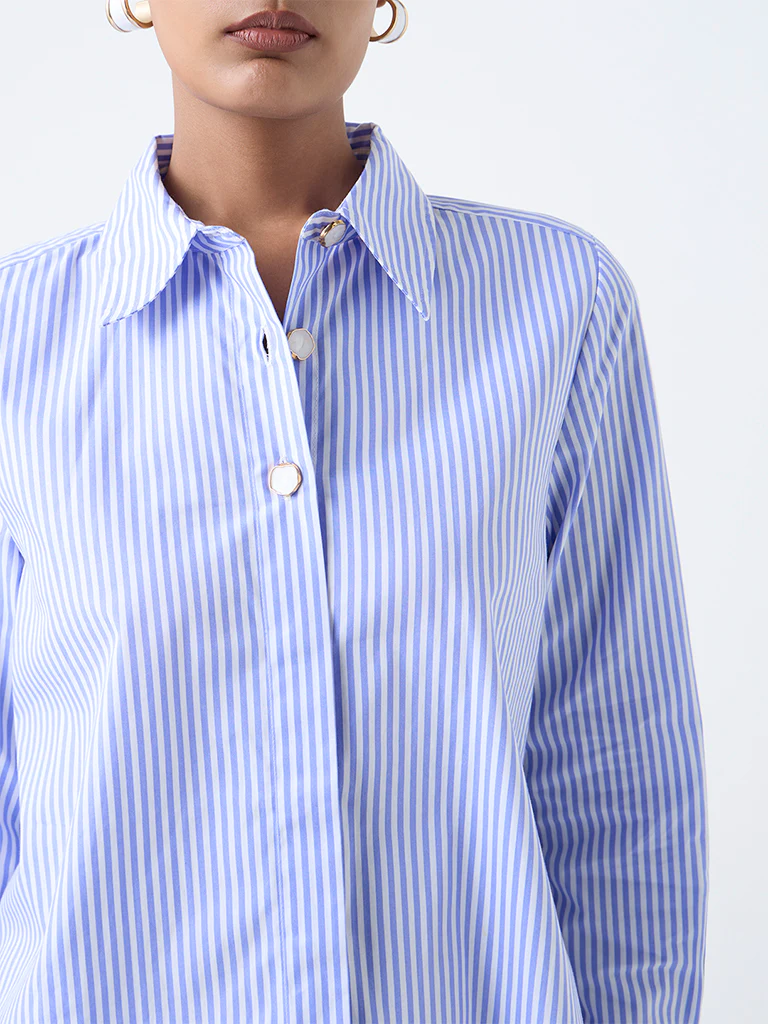 Wardrobe Blue Striped Cotton Shirt - Image 3
