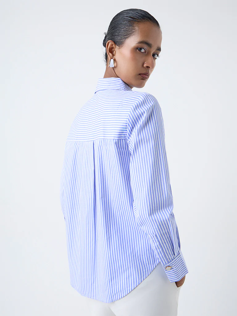 Wardrobe Blue Striped Cotton Shirt - Image 4