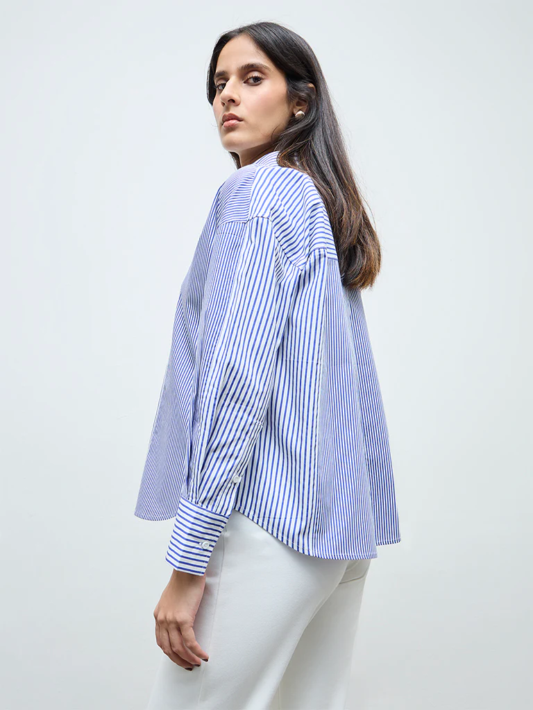 Wardrobe Blue Striped Cotton Shirt - Image 4