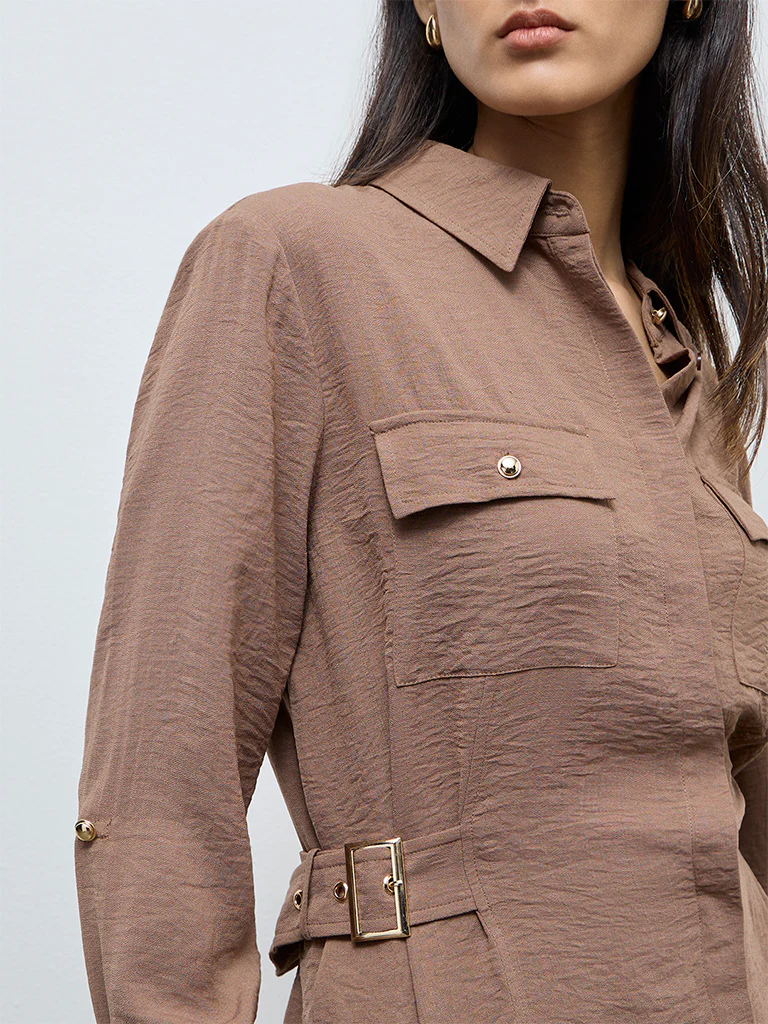 Wardrobe Brown Buckle-Detail Shirt - Image 3