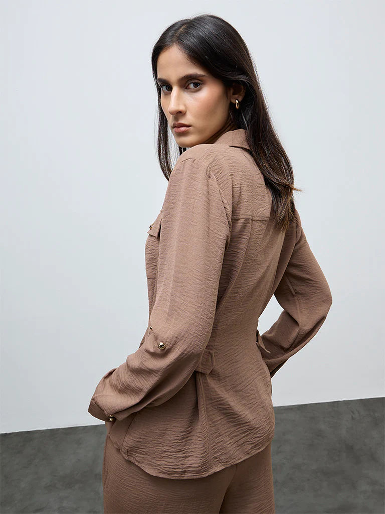 Wardrobe Brown Buckle-Detail Shirt - Image 4