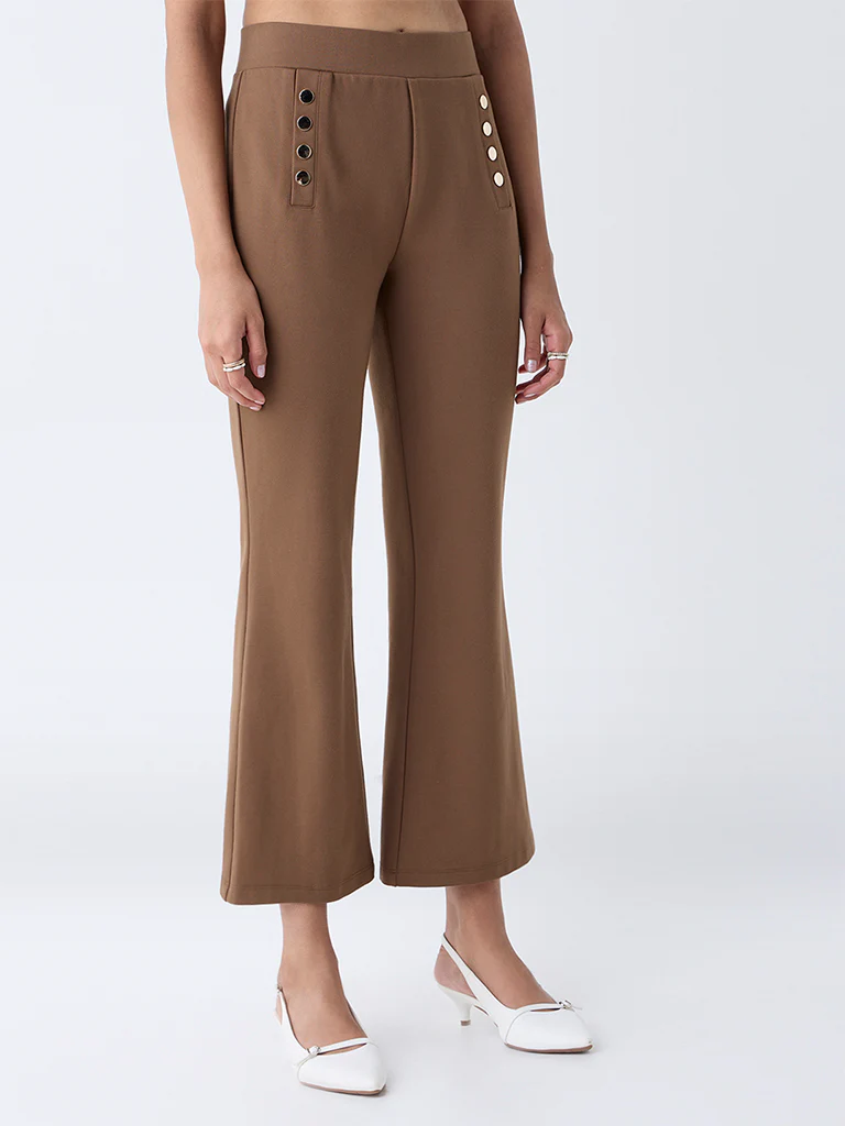 Wardrobe Brown Button-Detailed High-Rise Flared Pants - Image 3