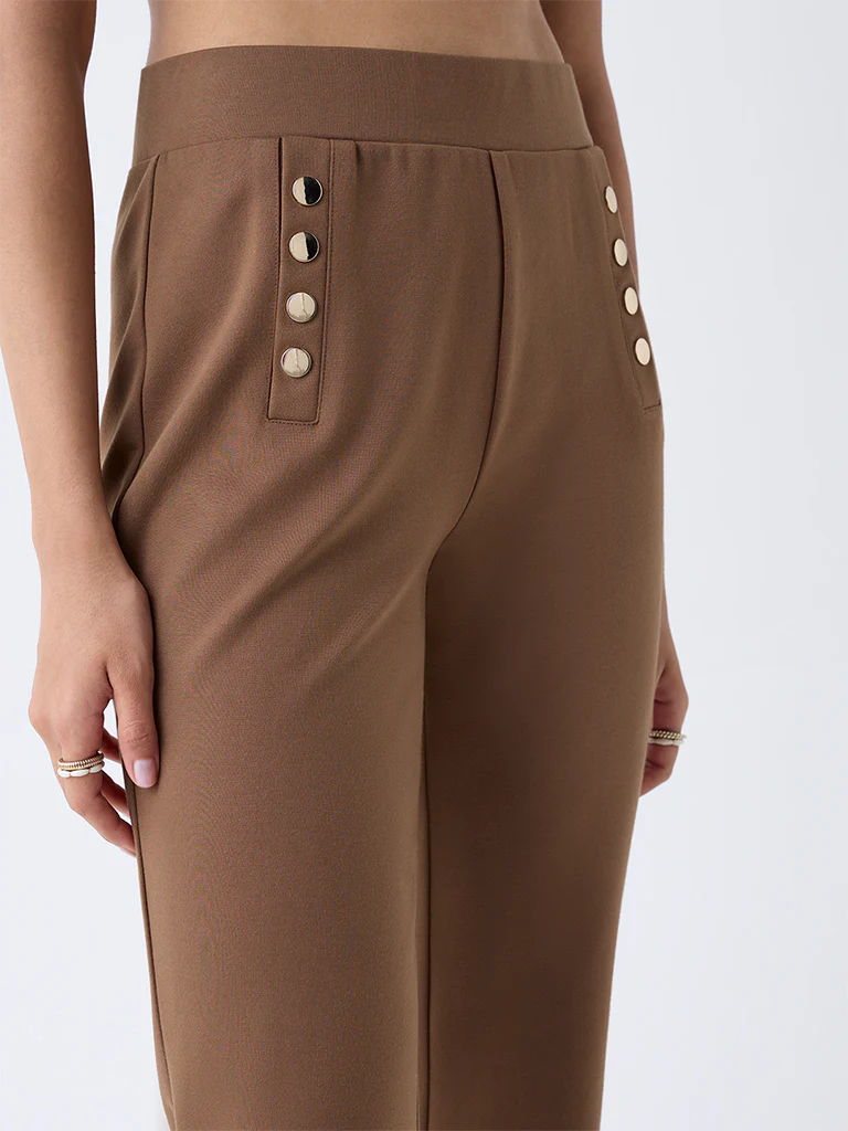 Wardrobe Brown Button-Detailed High-Rise Flared Pants - Image 4
