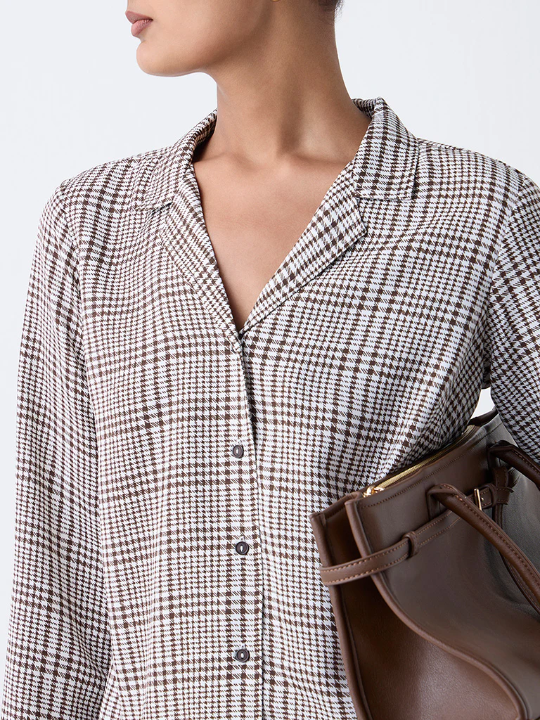 Wardrobe Brown Houndstooth Checkered Shirt - Image 3