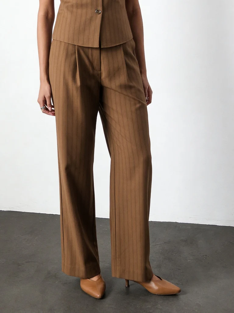 Wardrobe Brown Pinstriped Mid-Rise Straight-Fit Trousers - Image 2