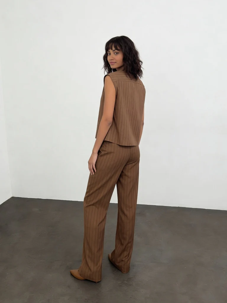 Wardrobe Brown Pinstriped Mid-Rise Straight-Fit Trousers - Image 3