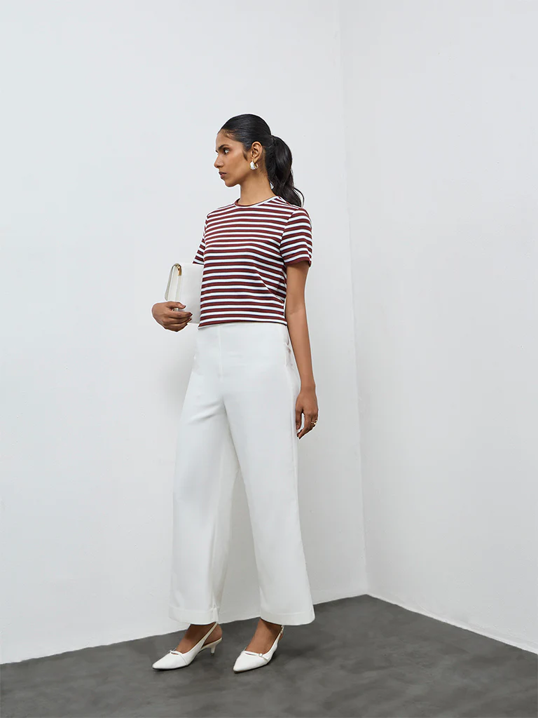 Wardrobe Brown Striped Cotton-Blend T-Shirt - Image 2