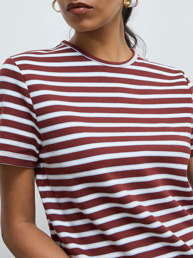 Wardrobe Brown Striped Cotton-Blend T-Shirt - Image 3