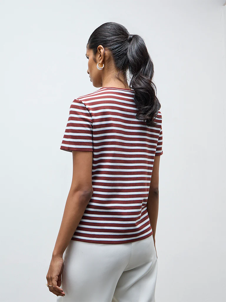 Wardrobe Brown Striped Cotton-Blend T-Shirt - Image 4