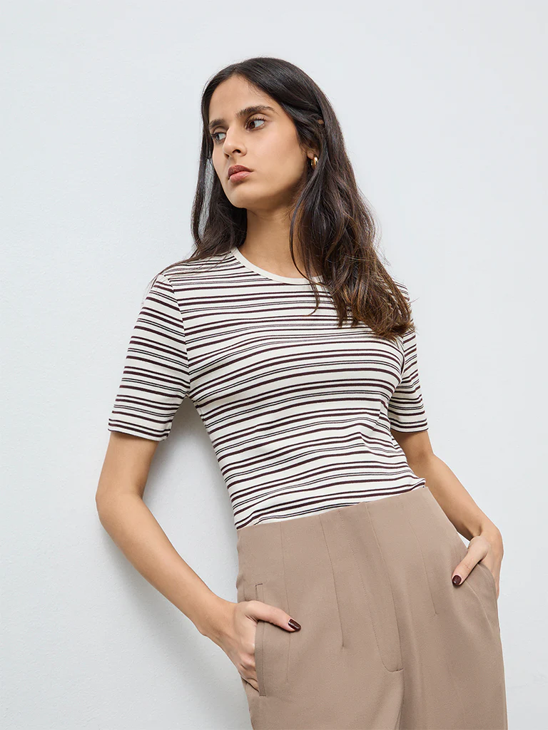 Wardrobe Brown Striped Cotton-Blend T-Shirt