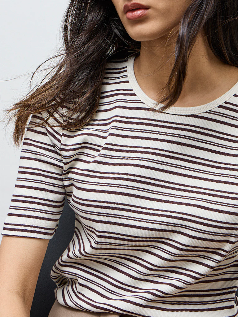 Wardrobe Brown Striped Cotton-Blend T-Shirt - Image 3