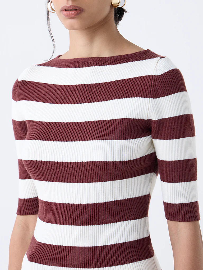 Wardrobe Brown Striped Ribbed T-Shirt - Image 3