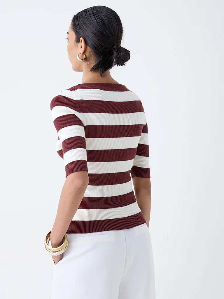 Wardrobe Brown Striped Ribbed T-Shirt - Image 4