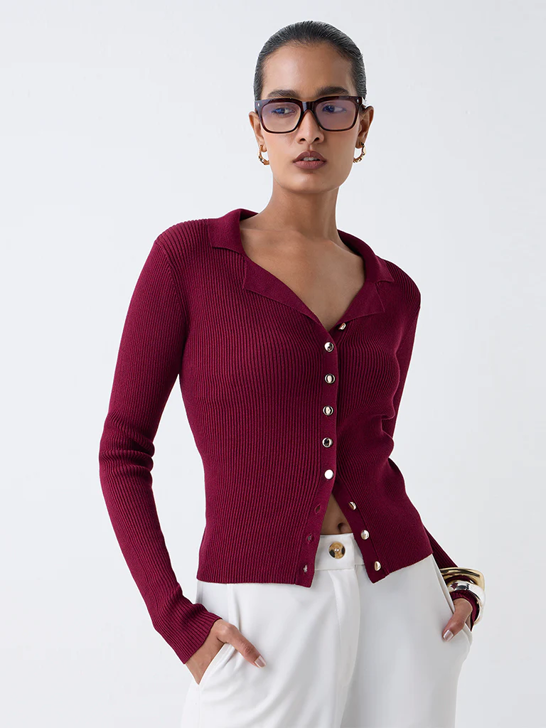 Wardrobe Burgundy Ribbed Blouse