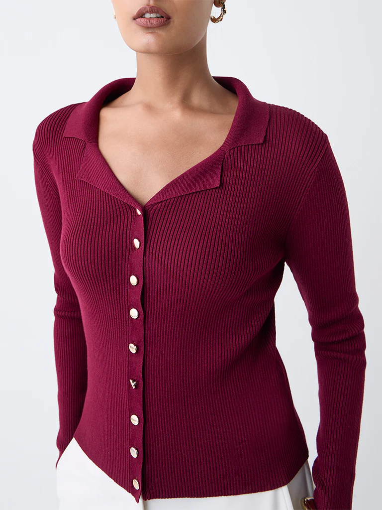 Wardrobe Burgundy Ribbed Blouse - Image 3