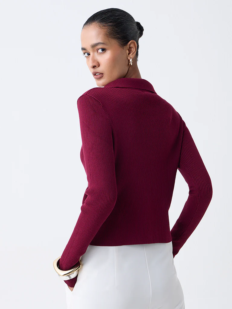Wardrobe Burgundy Ribbed Blouse - Image 4