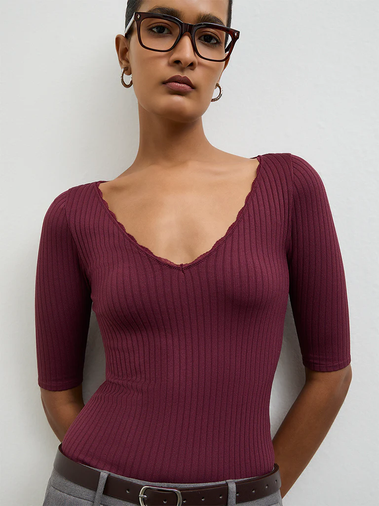Wardrobe Burgundy Ribbed Top - Image 3