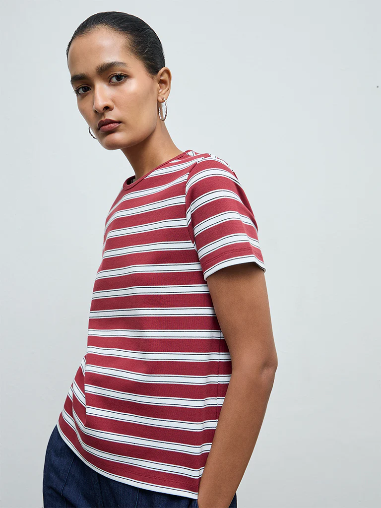 Wardrobe Burgundy Striped Cotton-Blend T-Shirt - Image 2
